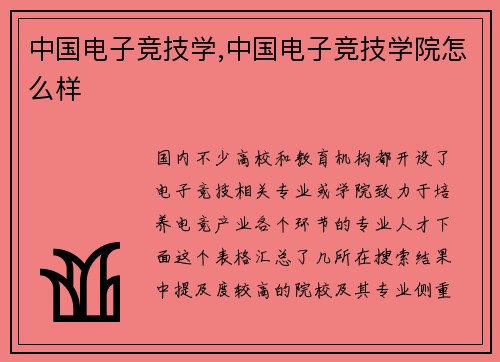 中国电子竞技学,中国电子竞技学院怎么样